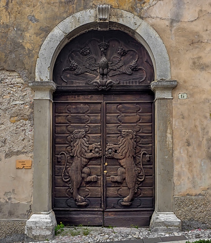 Immagine con portone, leoni, arco, legno, aquila, numero, pilastri, porta, quindici, civico