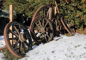 neve, ruote, raggi, legno, verde, cerchi, erba, piante, ruota, cespugli, fiori, inverno, bianco, metallo