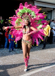 piume, carnevale, costume, rosa, verde, ballerina, donna, persone, strada, sfilata, sorriso, maschera, ragazza