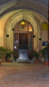 porta, lampione, arco, vasi, piante, scala, gradini, portone, selciato, luce