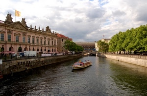 battello, ponte, alberi, fiume, canale, palazzo, acqua, bandiera, barca, case