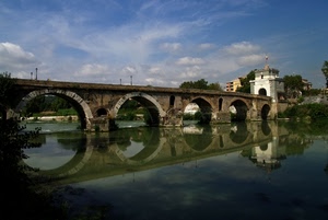 ponte, riflesso, fiume, acqua, archi, cielo, nuvole