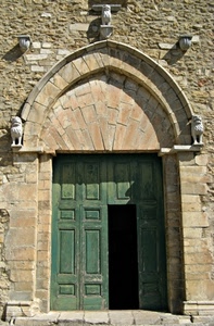 porta, verde, arco, portone, pietre, leoni, statue, legno, chiesa, aperta