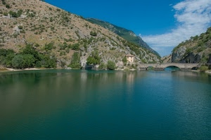 lago, ponte, acqua, montagne, panorama, nuvole, cielo, montagna, azzurro