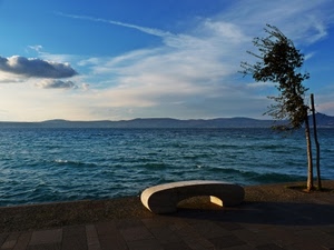 panchina, albero, mare, nuvole, acqua, cielo, onde, azzurro, vento