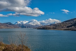 lago, montagne, nuvole, neve, acqua, alberi, mare, montagna, cielo