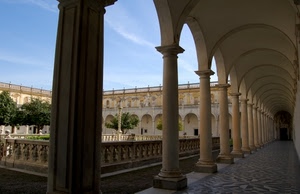 archi, colonne, alberi, chiostro, portico, prospettiva, balaustra, cielo, porticato, giardino
