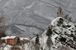 neve, campanile, case, inverno, montagna, alberi, montagne, rosa, torre, bianco