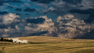 nuvole, cielo, campi, casa, panorama, alberi, paesaggio
