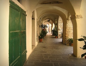vasi, porta, colonne, archi, verde, portico, piante, portici, portone