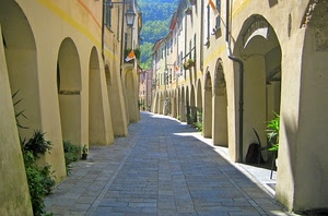 strada, archi, portici, lampione, piante, vicolo, bandiere, via, borgo, paese, finestre, portico, palazzi, alberi