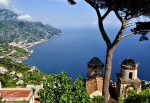 mare, panorama, albero, acqua, golfo, costa, nuvole, cielo, pino, chiesa, cupole, alberi