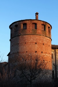 mattoni, torre, comignolo, cielo, finestre, alberi, cilindro, castello, albero, circolare, azzurro, rosso, rami