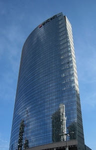 grattacielo, vetro, riflesso, cielo, vetri, azzurro, blu, riflessi, milano