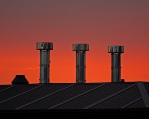 comignoli, tre, tetto, rosso, tramonto, acciaio