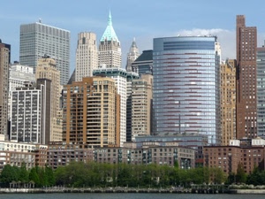 grattacieli, città, alberi, cielo, palazzi, acqua, finestre, vetro, piante