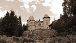 castello, alberi, torri, nuvole, seppia, finestre, cielo, piante