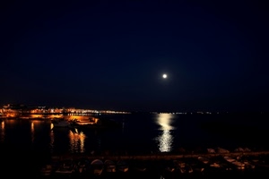 mare, luna, riflesso, notte, barche, notturno, città, riflessi, luci