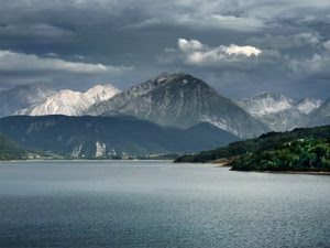 nuvole, lago, acqua, montagna, montagne, neve, cielo, panorama, verde