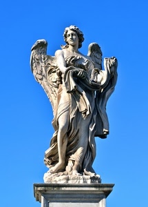 angelo, statua, ali, marmo, azzurro, cielo, piedistallo, bianco