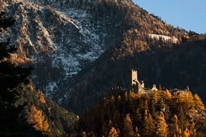 montagna, castello, neve, alberi, autunno, cielo, torre