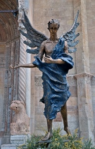 ali, statua, angelo, blu, azzurro, leone, colonna, fiori, bronzo
