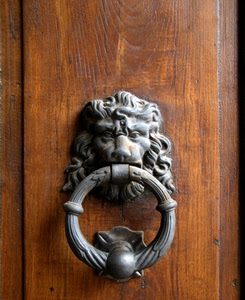 leone, batacchio, legno, porta, ferro, anello, battiporta, portone