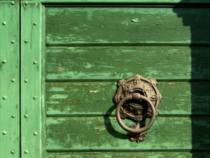 verde, batacchio, porta, legno, chiodi, anello, metallo, portone