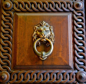 batacchio, porta, leone, legno, ottone, battiporta, anello, marrone, quadrato, portone