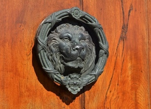 leone, batacchio, porta, legno, ferro, anello, battiporta