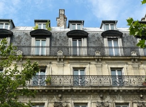 finestre, palazzo, balconi, balcone, ringhiera, liberty, alberi, foglie, cielo, vetro