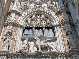 leone, statue, ali, venezia, finestra, marmo, colonne, statua, chiesa
