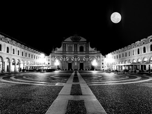 luna, piazza, chiesa, bianconero, notturno, luci, notte