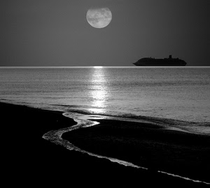 mare, luna, bianconero, spiaggia, nave, riflesso, isola
