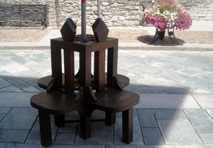 legno, fiori, panchina, sedie, quattro, strada, fioriera