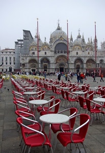 sedie, venezia, piazza, tavolini, rosso, basilica, tavoli, chiesa