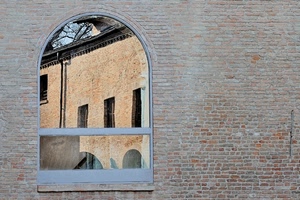 muro, finestra, mattoni, riflesso, arco, finestre, palazzo, vetro, specchio, affaccio, grondaia