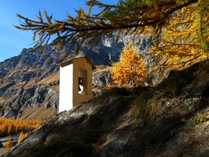 montagna, alberi, campana, campanile, giallo, montagne, rami, cappella, cielo, autunno