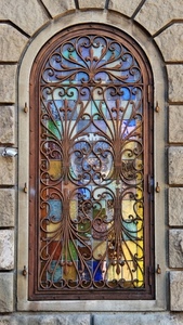 finestra, colori, vetro, inferriata, arco, vetrata, giallo, mosaico, ferro, spirali, liberty