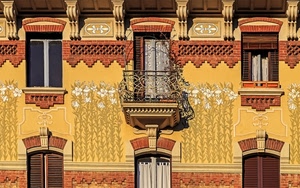 balcone, finestre, liberty, facciata, fiori, giallo, disegni, persiane, mattoni, decori