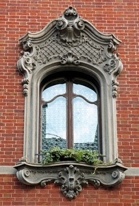 finestra, liberty, mattoni, riflesso, vetri, piante, muro, pianta, vetro, vaso