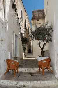 vicolo, sedie, albero, ulivo, case, vaso, bianco, scale, scala