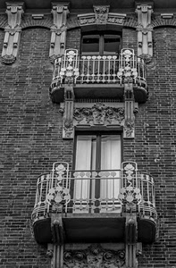 balconi, liberty, finestre, mattoni, bianconero, due, ferro, ringhiera, palazzo