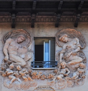 finestra, liberty, persiana, sculture, travi, decori, murales, statue, putti