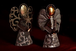 angeli, ali, due, oro, stella, argento, nero, metallo, natale, statuine