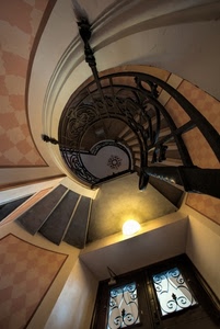 scala, spirale, chiocciola, gradini, luce, porta, ringhiera