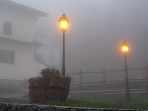 lampioni, nebbia, vaso, casa, luci, foschia, prato, luce