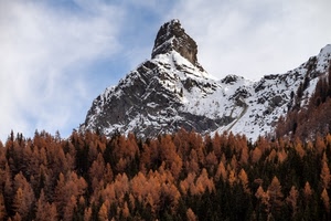 montagna, neve, alberi, nuvole, cima, cielo, autunno