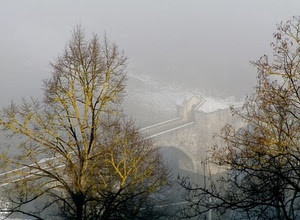 ponte, nebbia, alberi, rami, inverno, neve, fiume, albero, arco