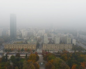 nebbia, grattacielo, città, parco, palazzi, alberi, fontana, panorama, autunno, case